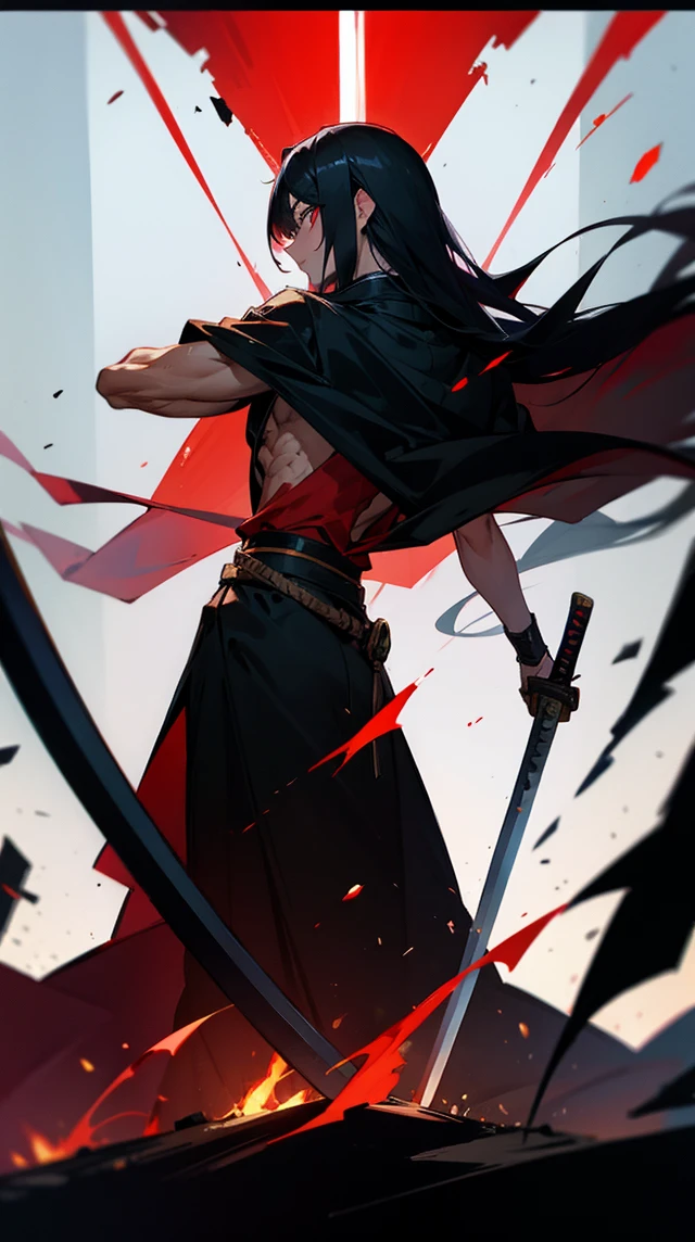 Create a character with long hair, from the back with a large black cape A katana on fire Eyes coming out of rays Black clothing with red stripes A scar on the arm A somewhat muscular body Acting like a swordsman In a destroyed city