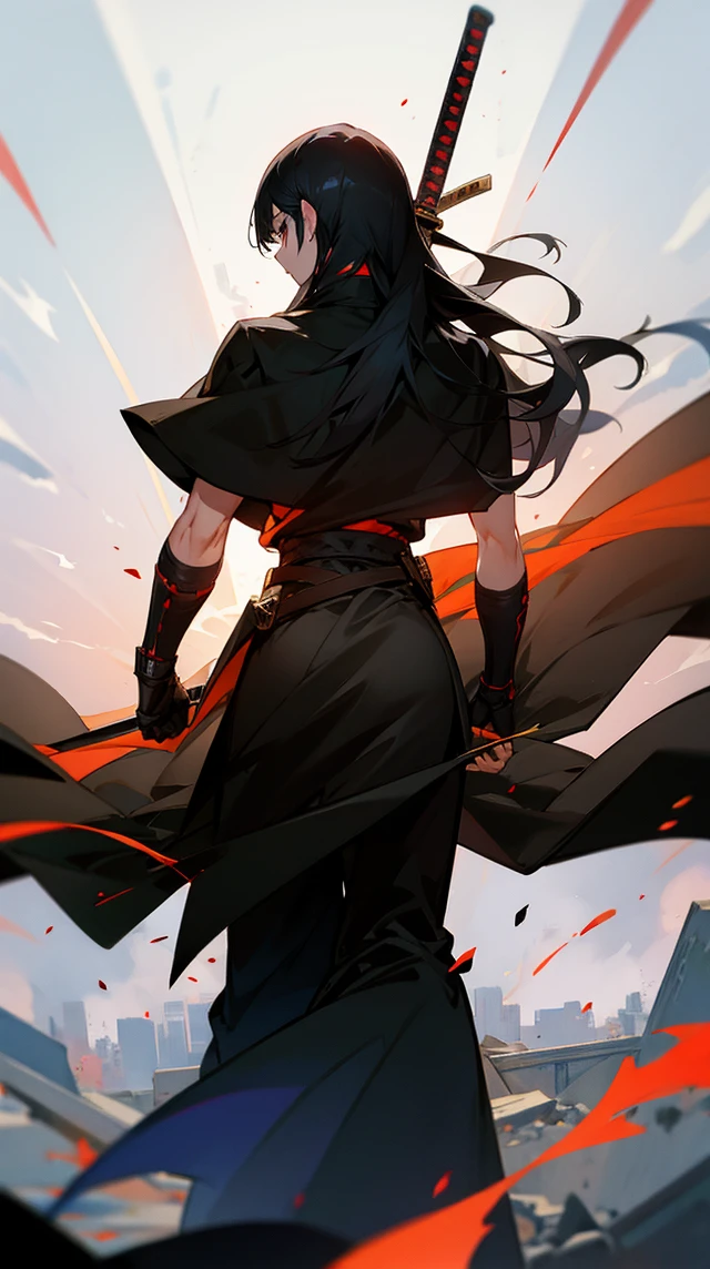 Create a character with long hair, from the back with a large black cape A katana on fire Eyes coming out of rays Black clothing with red stripes A scar on the arm A somewhat muscular body Acting like a swordsman In a destroyed city 