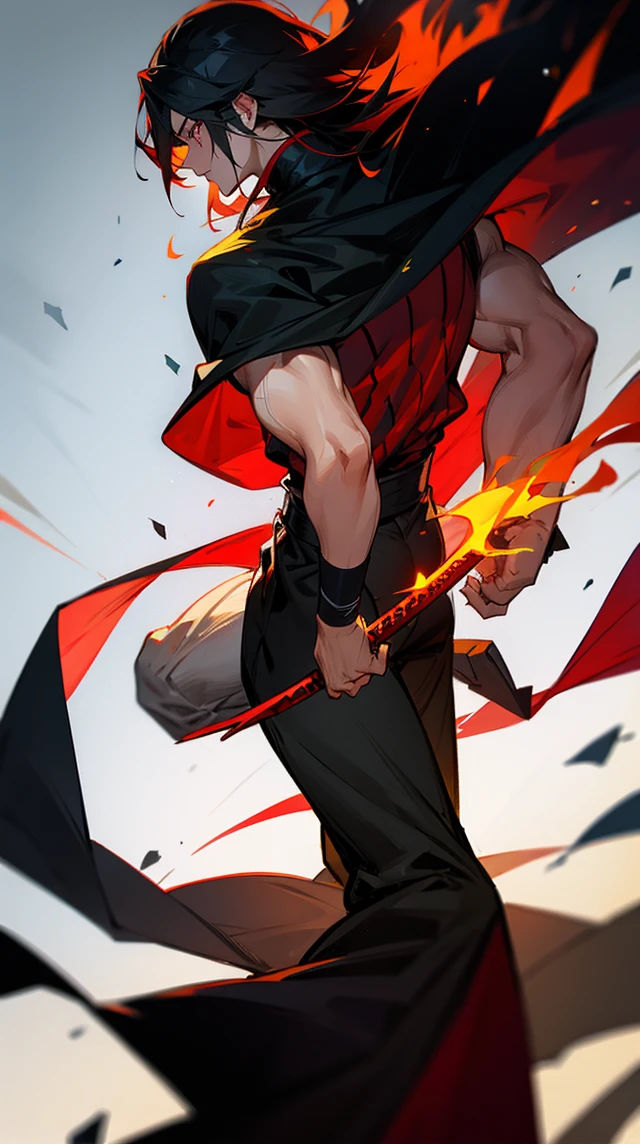 Create a character with long hair, from the back with a large black cape A katana on fire Eyes coming out of rays Black clothing with red stripes A scar on the arm A somewhat muscular body Acting like a swordsman In a destroyed city 