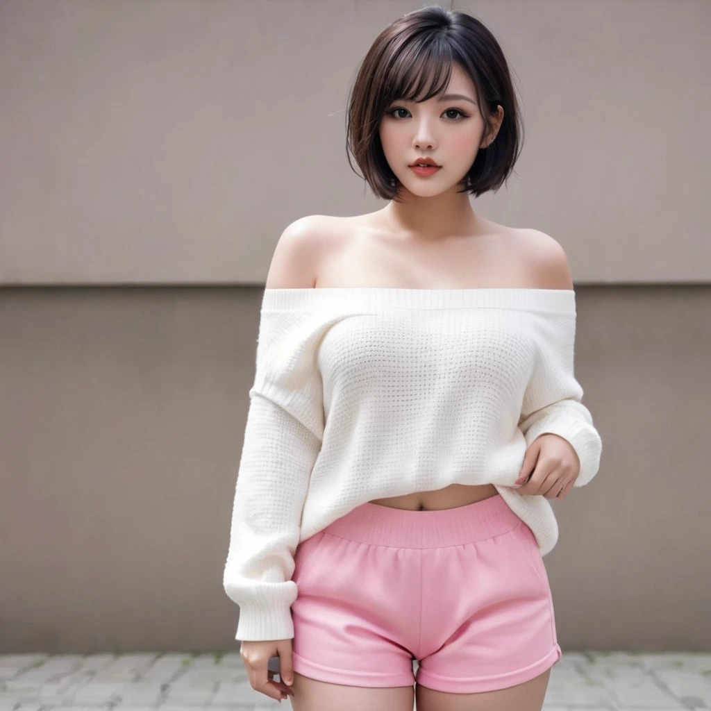 Cool beauty, looks sweet, bob hair style, wearing a big white sweater, off-shoulder, show clavage, sjow shoulders, pink shorts, black rabbit headbend. showing big thighs, curvy body, big breasts, full body photo, (bent over with hands on knees)