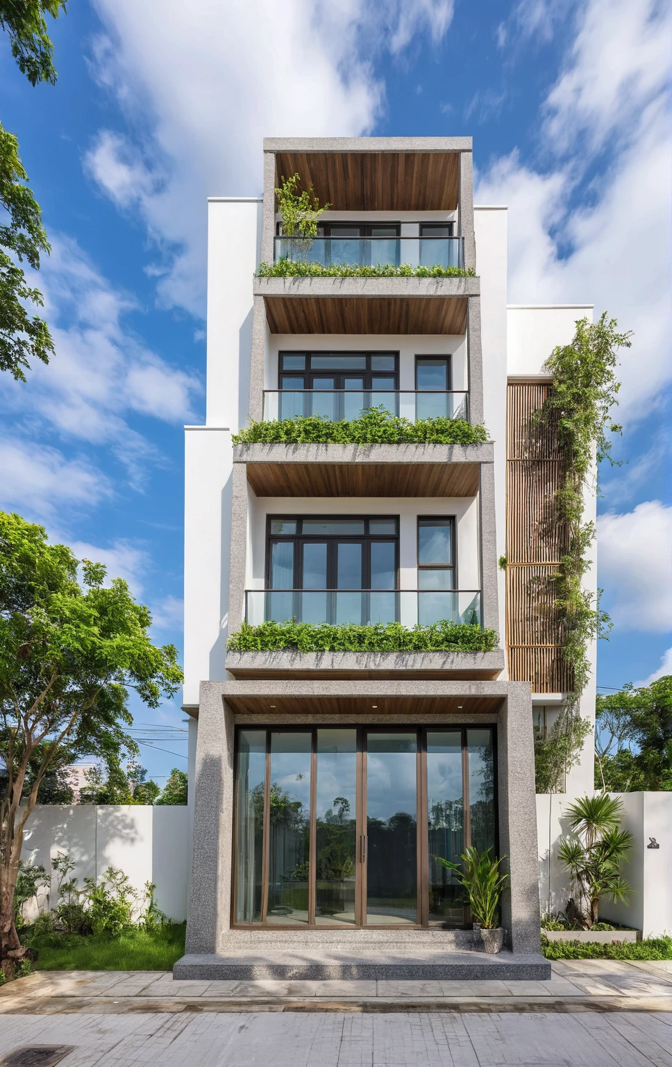 masterpiece, High Quality, best quality, true, super detailed, out side, one-story villa, yay, yaygroup, stone walling, phong cách ngôi nhà hiện đại trên sugar phố, cầu thang, white wall, sugar, pavement, grass, plant, firmament, cloud, (daylight :1.1)