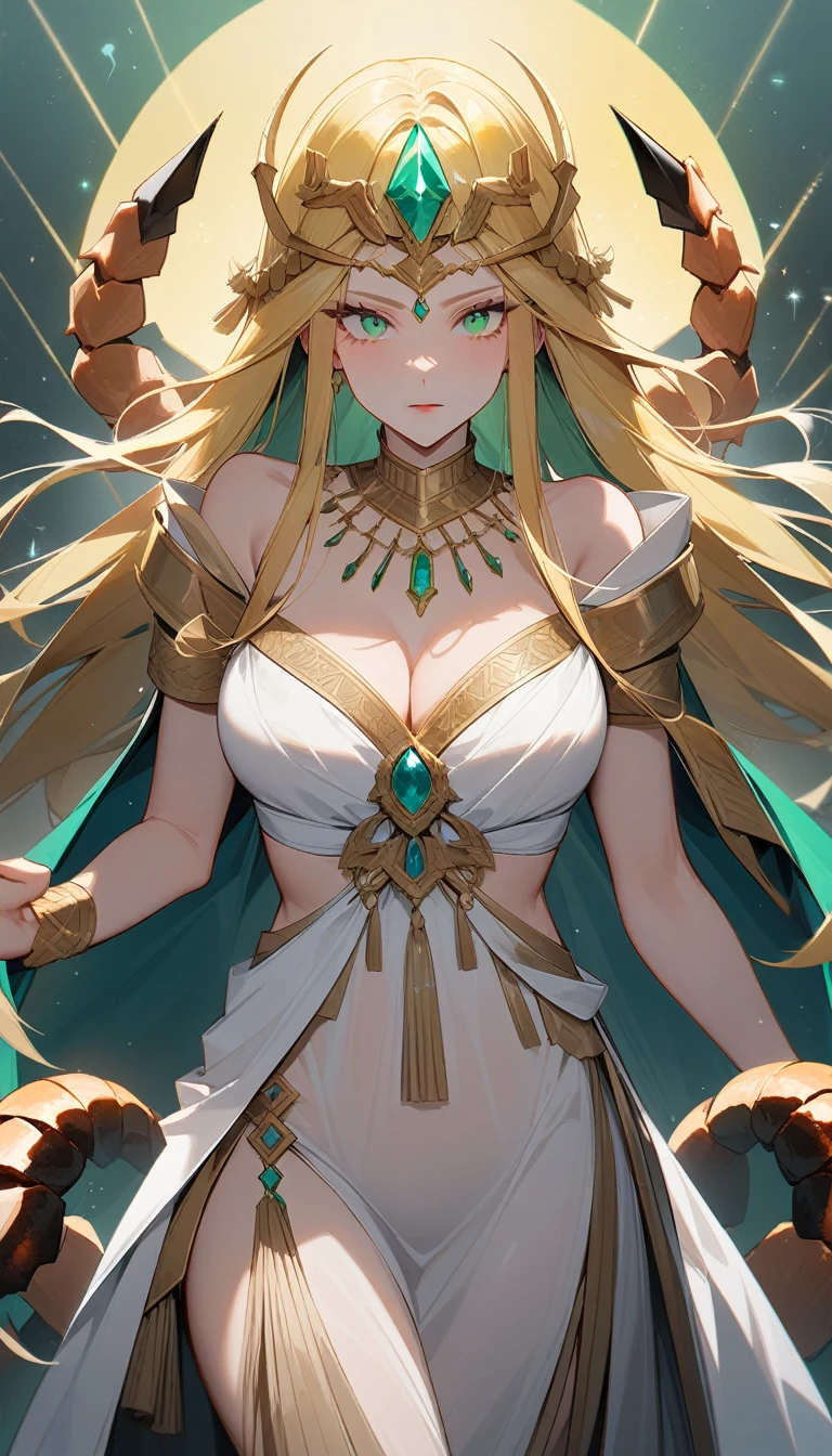 (Huang Li、high quality、Extremely detailed),Constellation - Scorpio Goddess,Huge scorpion,Woman stroking a scorpion,Similar to Latin goodness,brave,capricious,Productivity,The face of enterprising and humanitarianism,Long yellow hair,Ancient Greek costumes、Wrap Dress,Conservative clothing,The background is the universe,Crystal green eyes(Eyes Details),Powerful appearance, Correct anatomy
