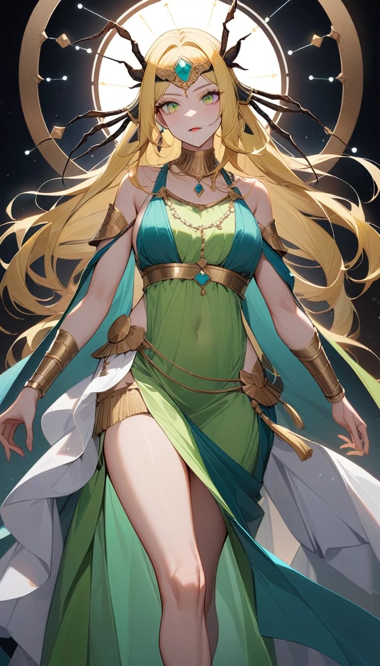 (Huang Li、high quality、Extremely detailed),Constellation - Scorpio Goddess,Huge scorpion,Woman stroking a scorpion,Similar to Latin goodness,brave,capricious,Productivity,The face of enterprising and humanitarianism,Long yellow hair,Ancient Greek costumes、Wrap Dress,Conservative clothing,The background is the universe,Crystal green eyes(Eyes Details),Powerful appearance, Correct anatomy
