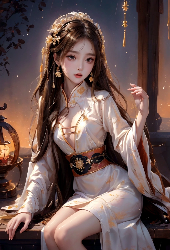 Best image quality、、masterpiece：1.3))、Realistic high-quality photos、Highest quality、 Beautiful face、Photos of slim models、Beautiful girl model、Young and pretty face、Beautiful model girl、A lovely and delicate face、Brown Hair、Beautiful brown eyes、Tear bags、Young Body、(Finely scattered splashes of color), (figure),(((1 Girl))),(Long Hair),(rain:0.9), (Headdress: 1.4), There is an ancient palace next to the girl., Hanfu, (emphasize),  ink painting, (Spattered colors), Spattered colors, (((colorful))), (sketch: 0.8), Tabletop, Highest quality, Beautifully drawn, verydetailedな,(Noise Reduction:0.6),[Splash Ink],((Ink Refraction)), (美しくdetailedな空),moon,very,detailed,(Tabletop, Highest quality, verydetailedな)、Small breasts、Exposed thighs