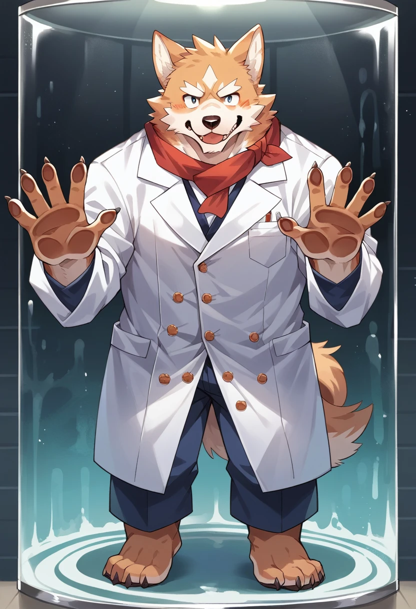 top quality, best quality, masterpiece, super high resolution, detailed background, good lighting((colorful water in test tube))laboratory(highly detailed beautiful face and eyes)absurdres, perfect anatomy(handsome 1boy, kemono, solo focus, white coat)(furry)(furry anthro:1.7)(Furry body, dog facial features, dog body features)(very detailed body fur)full body, full body, looking at view, hands on the glass,