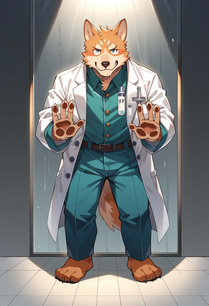top quality, best quality, masterpiece, super high resolution, detailed background, good lighting((colorful water in test tube))laboratory(highly detailed beautiful face and eyes)absurdres, perfect anatomy(handsome 1boy, kemono, solo focus, white coat)(furry)(furry anthro:1.7)(Furry body, dog facial features, dog body features)(very detailed body fur)full body, full body, looking at view, hands on the glass,