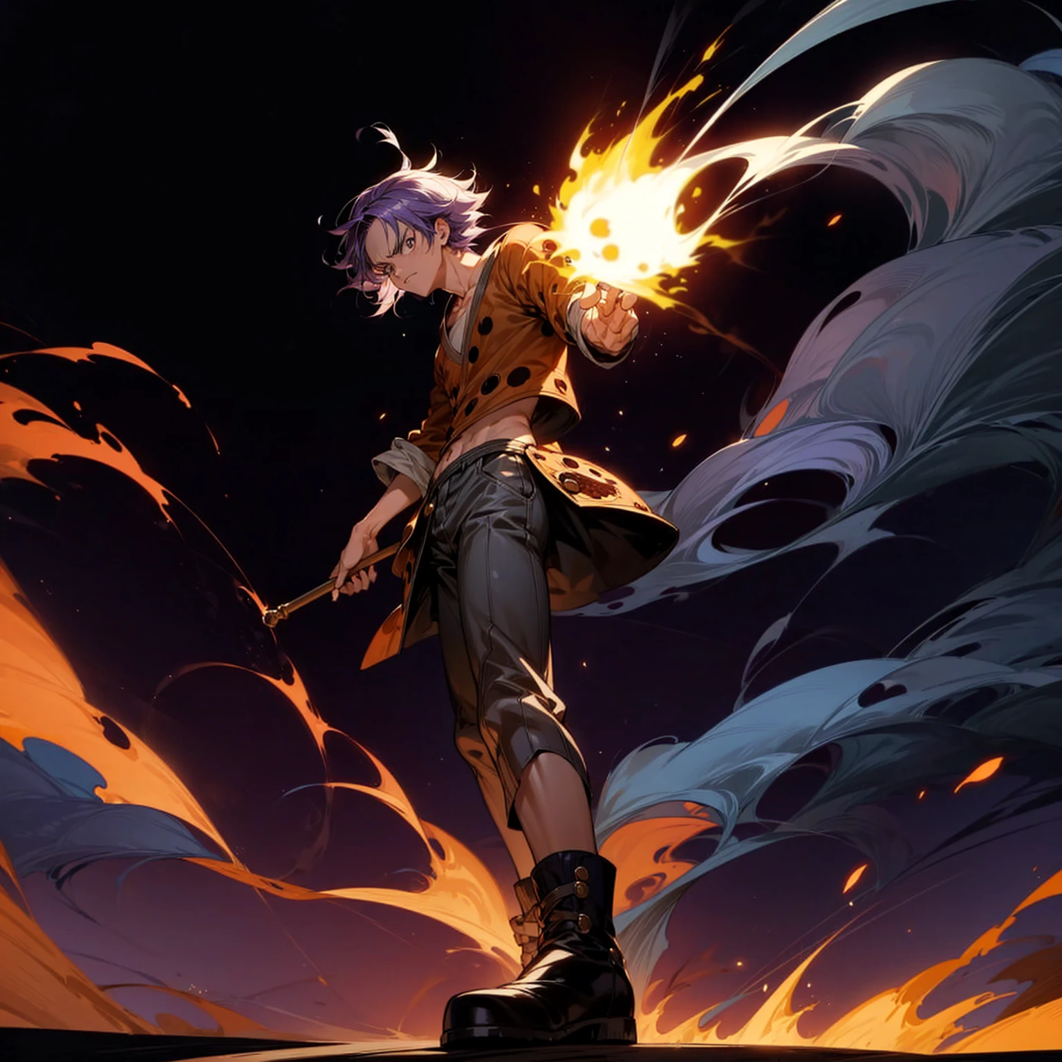 1character, full body version, character is adult male version, hazel eyes, dark purple colour hair, Shaggy hairstyle, clothing style is punk, boots, Grassroots background in city, motion blur, shadow, Black fire in hand, smoke in hand, Normal standing gesture, smoke effect, aura, lighting fire in hand, angry, Skull armor in body, (one piece style art)