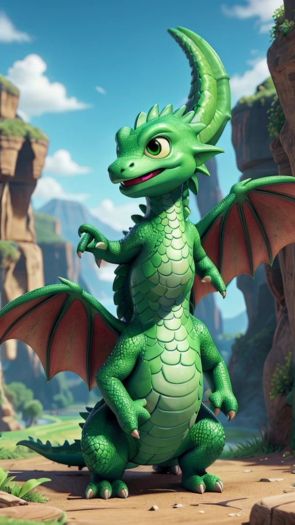 A green dragon searches for a friend in a deep valley.