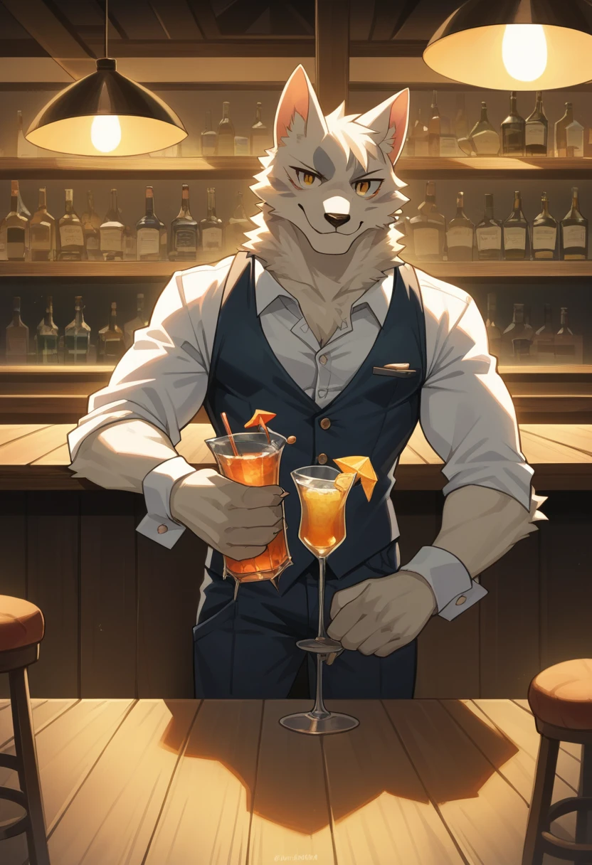 top quality, best quality, High-quality illustrations, masterpiece, super high resolution, detailed background, bartender, bar, cocktail, boy, absurdres(highly detailed beautiful face and eyes)perfect anatomy, expression, good lighting, cinematic shadow(kemono, furry anthro)assorted poses, dynamic angle,