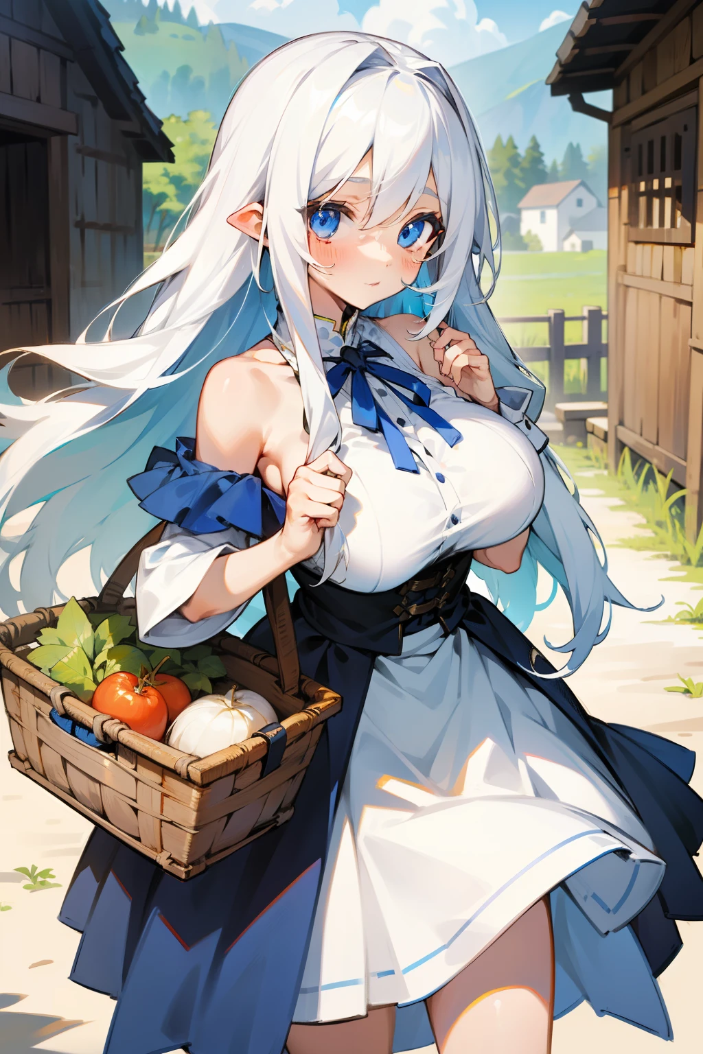 Cute girl, village girl, long white hair, blue eyes, food basket in hand, skirt, big breasts, bare shoulders, bare chest