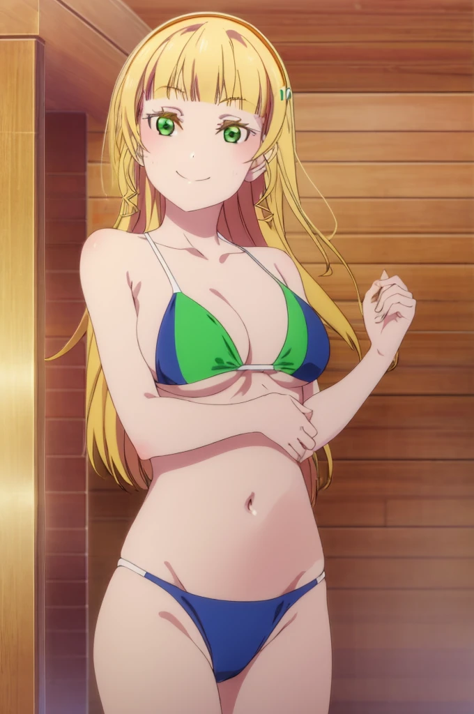 (((pixel-perfect, detail-perfect))), solo, 1girl, sumire heanna, smile, eyes green, hair blonde, sauna, bikini, armpit, big filesize, ultra High Qality