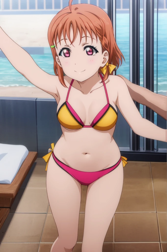 (((pixel-perfect, detail-perfect))), solo, 1girl, chika takami, smile, sauna, bikini, armpit, medium filesize, ultra High Qality