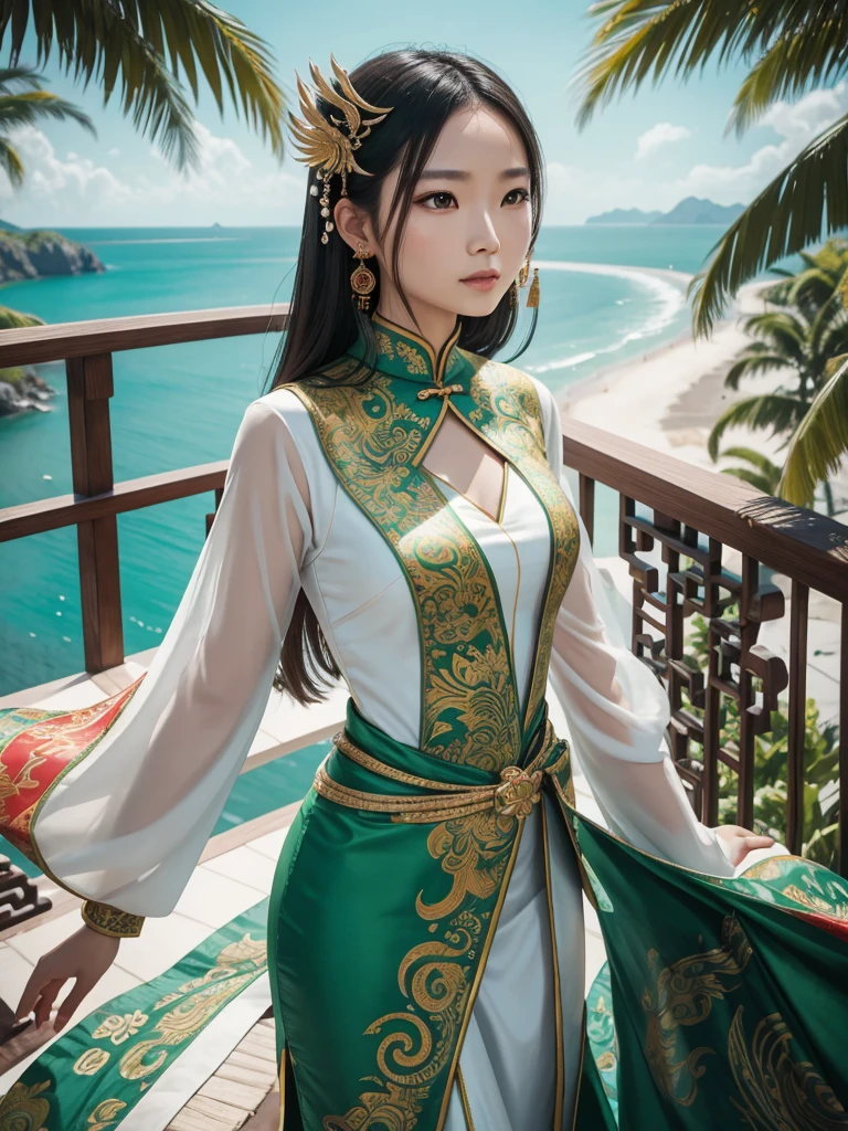 Chinese people, calm face, 1 woman, All of them wore futuristic princess party dresses with Indonesian tribal motifs, shiny white, green, red, batik, Balcony background of luxury houses, spaceships and giant colorful phoenixes above the green beach, full HD, 16k, high contrast, high saturation, hyper realistic photos, good light, Nice face and very detailed