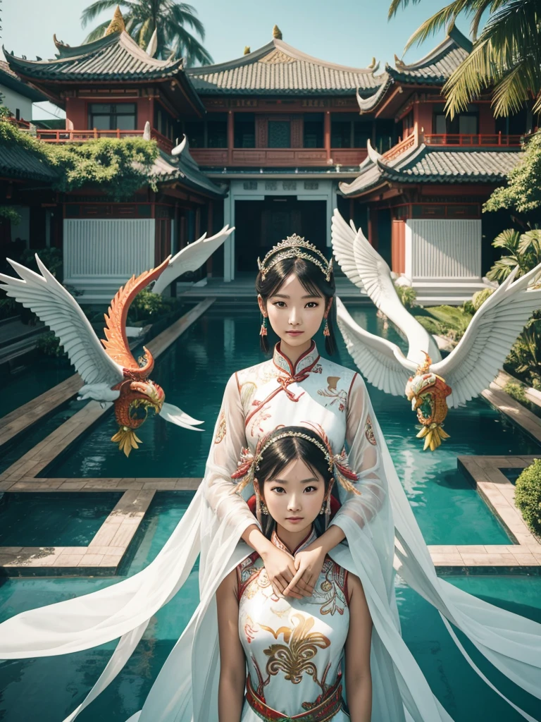 Chinese people, calm face, 1 woman, All of them wore futuristic princess party dresses with Indonesian tribal motifs, shiny white, green, red, batik, Balcony background of luxury houses, spaceships and giant colorful phoenixes above the green beach, full HD, 16k, high contrast, high saturation, hyper realistic photos, good light, Nice face and very detailed