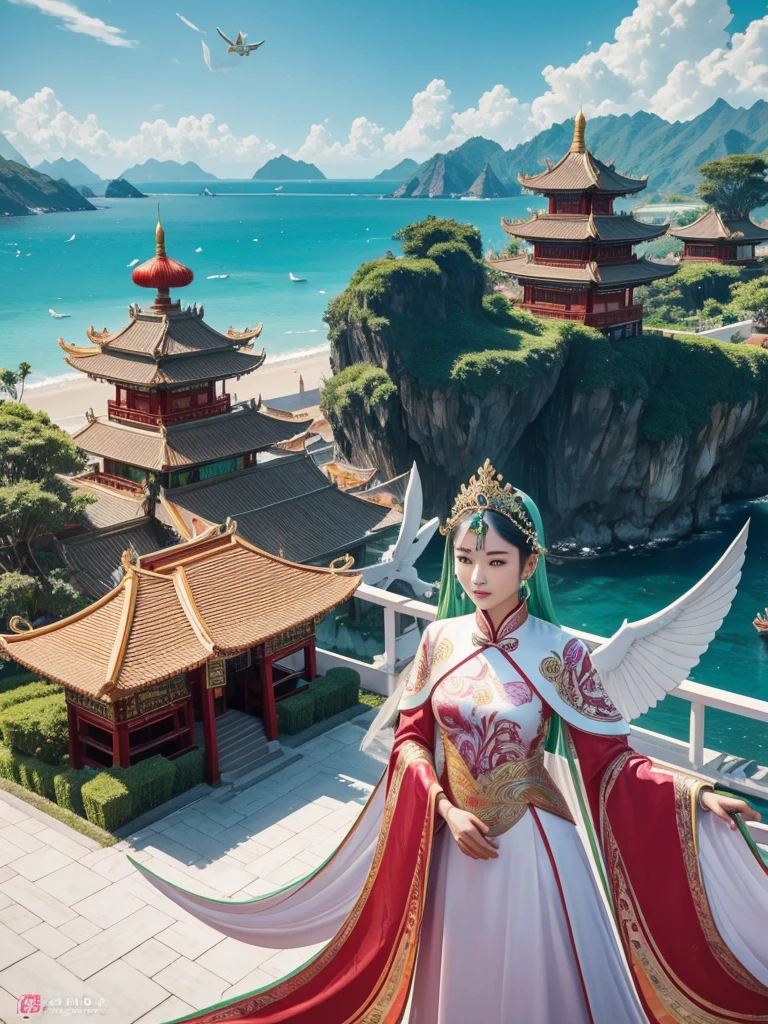 Chinese people, calm face, 1 woman, All of them wore futuristic princess party dresses with Indonesian tribal motifs, shiny white, green, red, batik, Balcony background of luxury houses, spaceships and giant colorful phoenixes above the green beach, full HD, 16k, high contrast, high saturation, hyper realistic photos, good light, Nice face and very detailed