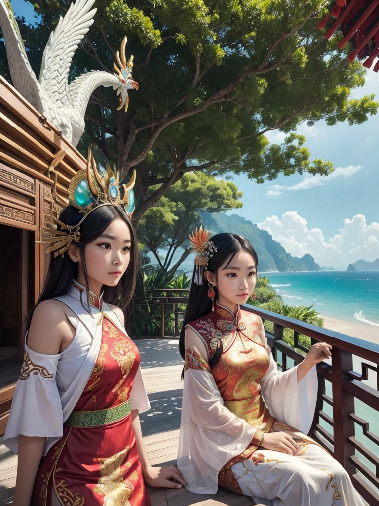 Chinese people, calm face, 1 woman, All of them wore futuristic princess party dresses with Indonesian tribal motifs, shiny white, green, red, batik, Balcony background of luxury houses, spaceships and giant colorful phoenixes above the green beach, full HD, 16k, high contrast, high saturation, hyper realistic photos, good light, Nice face and very detailed