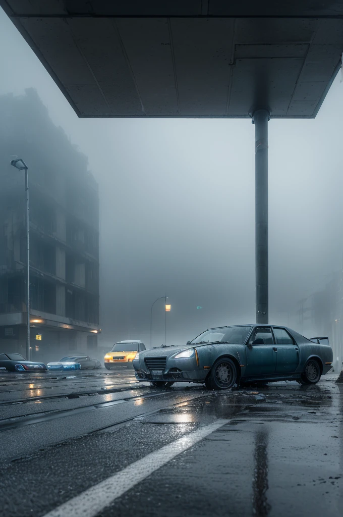 ((best quality)), ((wet asphalt)), (detailed), ((A brutalist construction)) ((with a fog)) ((low lighting with a bluish tone)) ((wet floor reflecting light )) ((wide and infinite)) ((Afternoon))
((ultra realisitic)) ((outside)) ((abandoned cars)) ((light posts))