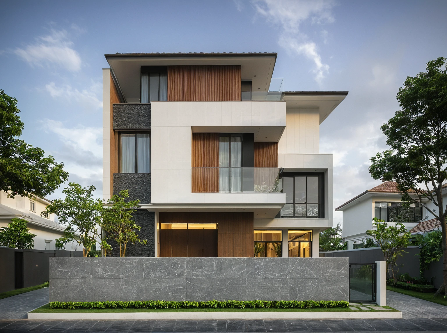 modern villa on street, (overcast lighting:1.2), tropical tree, vivid color, streetcapes, nice sky, grey and wwhite tone, (large glass door:1.2), warm interior lighting, modern material, best quality, ultra realistic, masterpiece, 17ArchiAI_XL_VL-v1