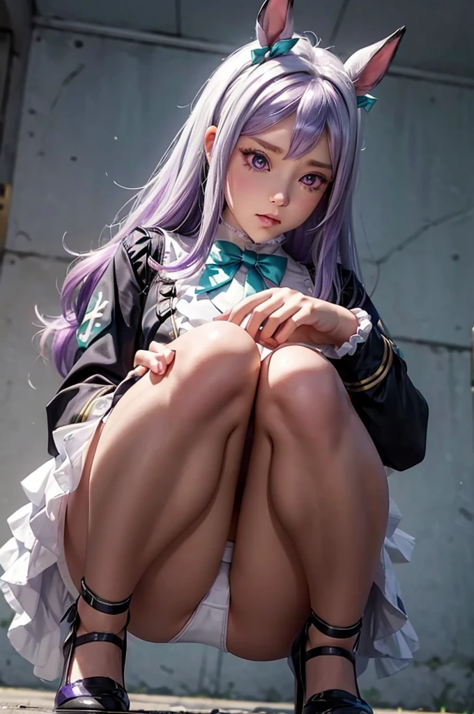 ((((white panties)))),panties focus,mejiro mcqueen, purple hair,horse ears, ear ribbon, horse tail,frills, black jacket, bowtie, long sleeves, black skirt,sit with your heels on the ground、hold your knees with both hands,open legs,squating,(((straight-on))),nsfw