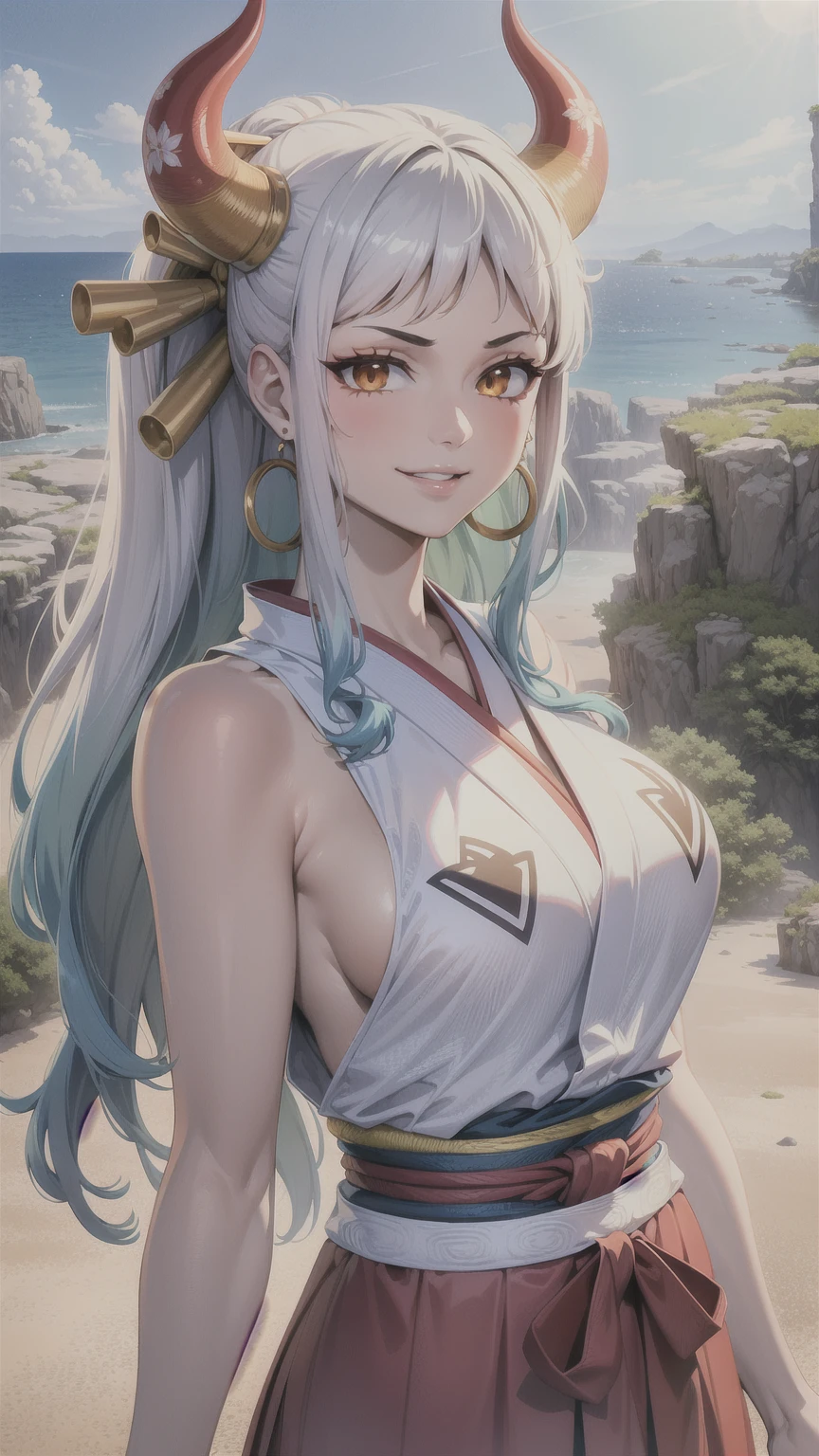 masterpiece, ((ultra detailed background, delicate pattern, intricate detail)), (highly detailed, fine details), best quality,beautiful lighting, (((medium breasts, slim girl, very slim girl))), (close-up, portrait),  YamatoV2, long hair, 1girl, horns, white hair, solo, oni, red horns, curled horns, hair ornament, (multicolored horns), jewelry, earrings, japanese clothes, kimono, hair stick, sleeveless, bare shoulders, aqua hair, sidelocks, hoop earrings, hakama, smile, wide smile, ((orange eyes)), complex detailed background, outside, nature environment, rocks, sunny, blue sky, sky, 
