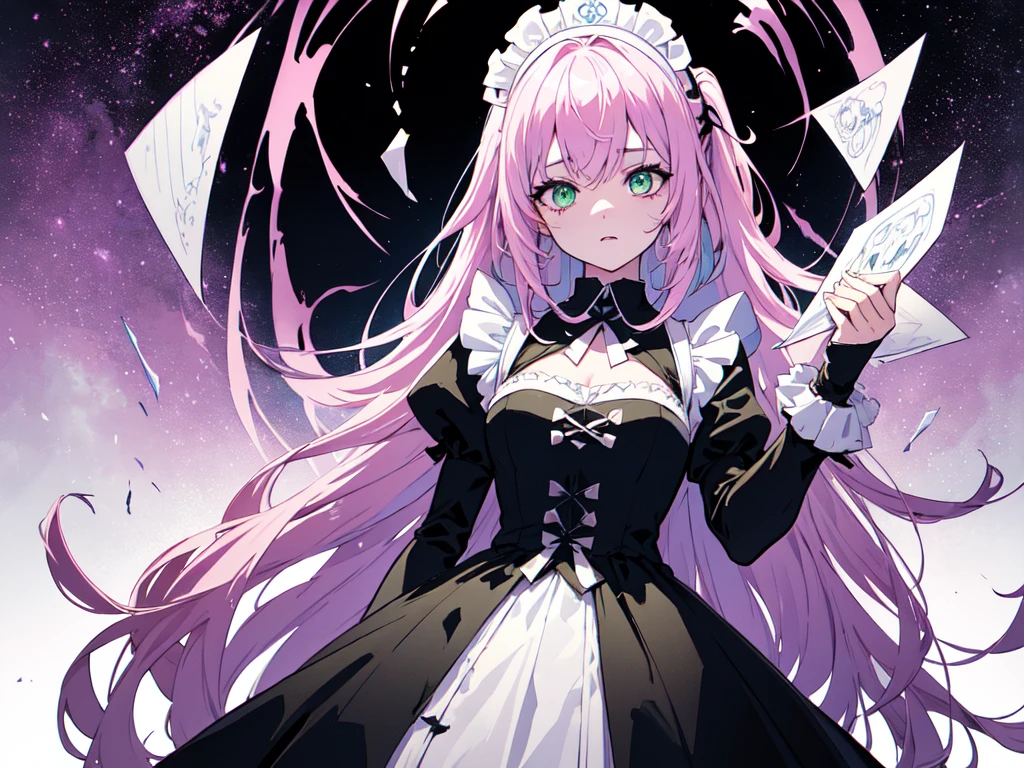With a large shield, maid, Evil Eye, A bad looking person with white eyes, whole body絵, She is wearing a maid uniform and the background is a dark and desolate landscape., Horror movie atmosphere. Her figure is extremely beautiful, Emphasizing the dark and crazy elements. Skillfully expressing the effects of light and shadow, detailed, The face and expression of the black costume are also carefully drawn..., Artistic elements add depth to the work. The overall atmosphere is creepy and nightmarish..., With a unique artistic touch. This movie is、The dark and crazy world of horror movies depicted in HD., Evoke visual stimuli and aesthetic sense, It will terrify and excite the audience....,sketch (Character design sheet, same characters, whole body, Three-View, front, ~ ~ ~ side, return) and watercolor画, （Gradient braided hair, Light pink hair, (Ink blotches:1.1), (pale:1.2),(Light purple:1.2),(Light green:1.2)　and a mature face,tall, Wearing black tights,Green Eyes, The skin is hidden　and 1 female, Nervous,Cowboy Shot,,(Very bright:1.1), White Background, [1 Girl:7], (Tilt your head:1.2), ([sketch|watercolor \(Moderate\)]:1.15),Chaotic Abstract Background, Vector Trace, Gradient Blending, Bright colors, that&#39;wonderful, 非常にdetailed, Complex, (Very low contrast:1.4)