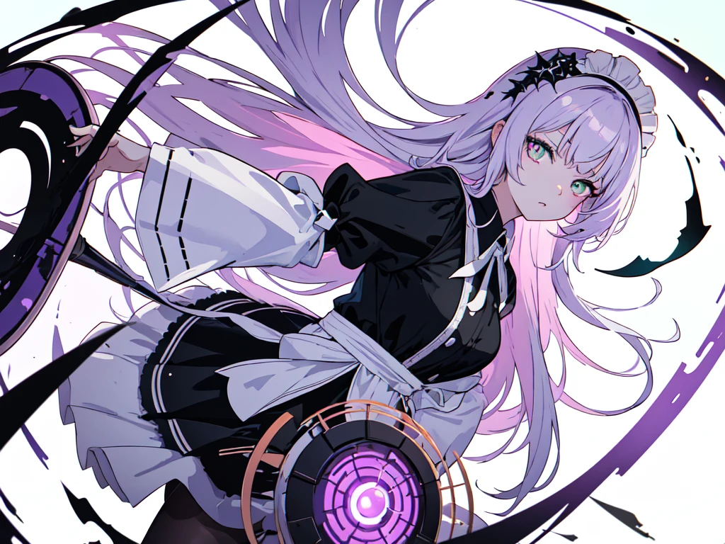 With a large shield, maid, Evil Eye, A bad looking person with white eyes, whole body絵, She is wearing a maid uniform and the background is a dark and desolate landscape., Horror movie atmosphere. Her figure is extremely beautiful, Emphasizing the dark and crazy elements. Skillfully expressing the effects of light and shadow, detailed, The face and expression of the black costume are also carefully drawn..., Artistic elements add depth to the work. The overall atmosphere is creepy and nightmarish..., With a unique artistic touch. This movie is、The dark and crazy world of horror movies depicted in HD., Evoke visual stimuli and aesthetic sense, It will terrify and excite the audience....,sketch (Character design sheet, same characters, whole body, Three-View, front, ~ ~ ~ side, return) and watercolor画, （Gradient braided hair, Light pink hair, (Ink blotches:1.1), (pale:1.2),(Light purple:1.2),(Light green:1.2)　and a mature face,tall, Wearing black tights,Green Eyes, The skin is hidden　and 1 female, Nervous,Cowboy Shot,,(Very bright:1.1), White Background, [1 Girl:7], (Tilt your head:1.2), ([sketch|watercolor \(Moderate\)]:1.15),Chaotic Abstract Background, Vector Trace, Gradient Blending, Bright colors, that&#39;wonderful, 非常にdetailed, Complex, (Very low contrast:1.4)