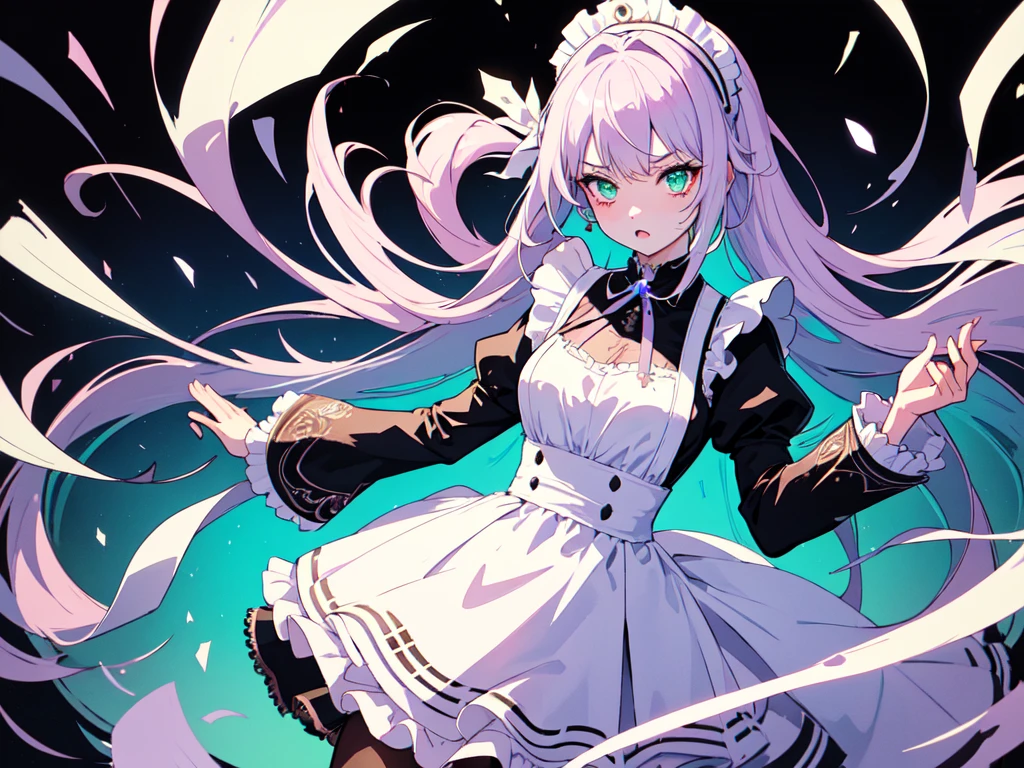 With a large shield, maid, Evil Eye, A bad looking person with white eyes, whole body絵, She is wearing a maid uniform and the background is a dark and desolate landscape., Horror movie atmosphere. Her figure is extremely beautiful, Emphasizing the dark and crazy elements. Skillfully expressing the effects of light and shadow, detailed, The face and expression of the black costume are also carefully drawn..., Artistic elements add depth to the work. The overall atmosphere is creepy and nightmarish..., With a unique artistic touch. This movie is、The dark and crazy world of horror movies depicted in HD., Evoke visual stimuli and aesthetic sense, It will terrify and excite the audience....,sketch (Character design sheet, same characters, whole body, Three-View, front, ~ ~ ~ side, return) and watercolor画, （Gradient braided hair, Light pink hair, (Ink blotches:1.1), (pale:1.2),(Light purple:1.2),(Light green:1.2)　and a mature face,tall, Wearing black tights,Green Eyes, The skin is hidden　and 1 female, Nervous,Cowboy Shot,,(Very bright:1.1), White Background, [1 Girl:7], (Tilt your head:1.2), ([sketch|watercolor \(Moderate\)]:1.15),Chaotic Abstract Background, Vector Trace, Gradient Blending, Bright colors, that&#39;wonderful, 非常にdetailed, Complex, (Very low contrast:1.4)