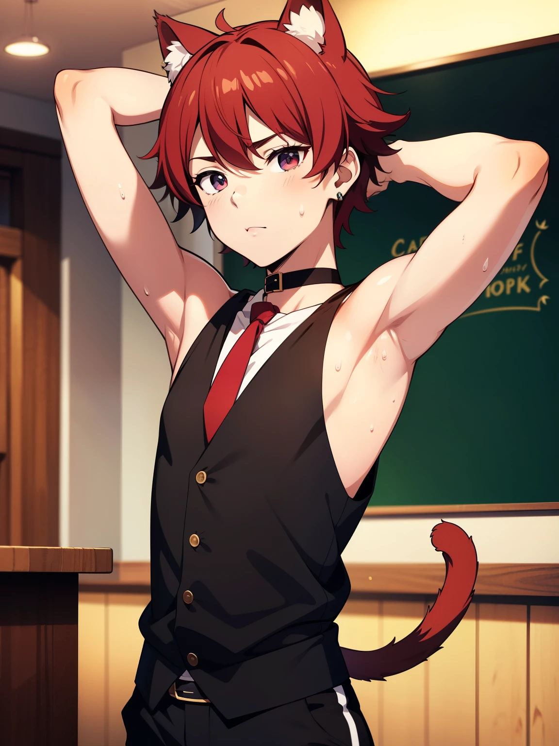 Highres, Masterpiece, Best quality at best,Best Quality,hight quality, hight detailed, Anime style, (little boys), (Showing armpit:1.3), Red hair, fluffy hair, Sleeveless vest, waitwr, Tie, cafe, Earring, Bare shoulder, elbow covered, Slim body, choker, Cat ear, cat tail, upper body, sweat, Blurry beckground, (very thin body), (very young boy), (very small and short body), uhd