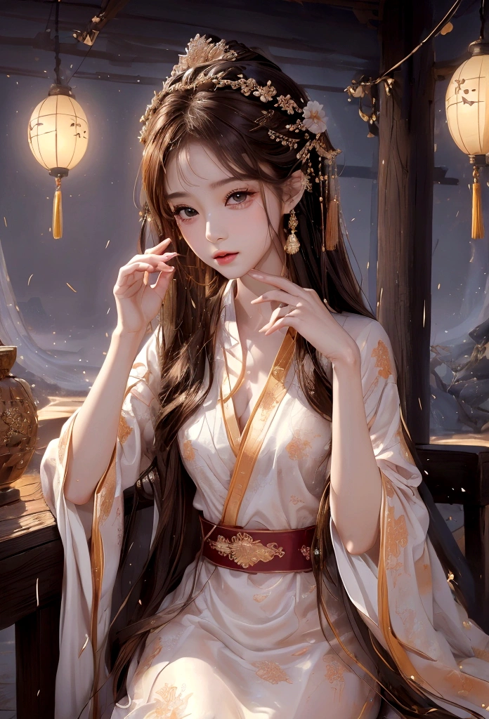 Best image quality、、masterpiece：1.3))、Realistic high-quality photos、Highest quality、 Beautiful face、Photos of slim models、Beautiful girl model、Young and pretty face、Beautiful model girl、A lovely and delicate face、Brown Hair、Beautiful brown eyes、Tear bags、Young Body、(Finely scattered splashes of color), (figure),(((1 Girl))),(Long Hair),(rain:0.9), (Headdress: 1.4), There is an ancient palace next to the girl., Hanfu, (emphasize),  ink painting, (Spattered colors), Spattered colors, (((colorful))), (sketch: 0.8), Tabletop, Highest quality, Beautifully drawn, verydetailedな,(Noise Reduction:0.6),[Splash Ink],((Ink Refraction)), (美しくdetailedな空),moon,very,detailed,(Tabletop, Highest quality, verydetailedな)、Small breasts、Exposed thighs