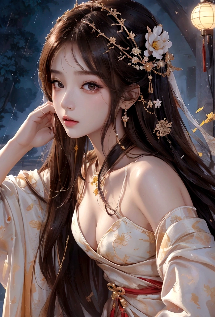 Best image quality、、masterpiece：1.3))、Realistic high-quality photos、Highest quality、 Beautiful face、Photos of slim models、Beautiful girl model、Young and pretty face、Beautiful model girl、A lovely and delicate face、Brown Hair、Beautiful brown eyes、Tear bags、Young Body、(Finely scattered splashes of color), (figure),(((1 Girl))),(Long Hair),(rain:0.9), (Headdress: 1.4), There is an ancient palace next to the girl., Hanfu, (emphasize),  ink painting, (Spattered colors), Spattered colors, (((colorful))), (sketch: 0.8), Tabletop, Highest quality, Beautifully drawn, verydetailedな,(Noise Reduction:0.6),[Splash Ink],((Ink Refraction)), (美しくdetailedな空),moon,very,detailed,(Tabletop, Highest quality, verydetailedな)、Small breasts、Exposed thighs