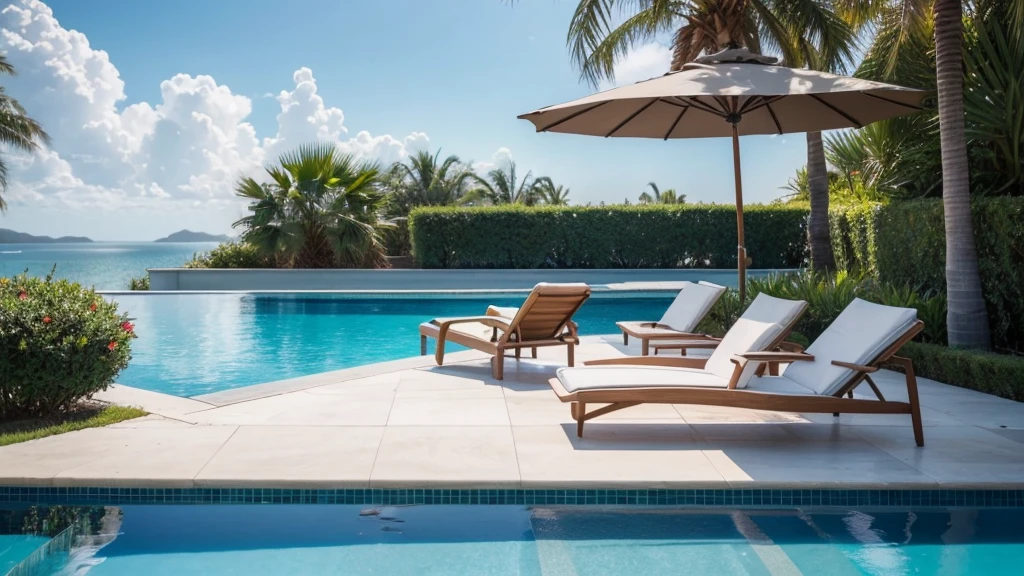 Outdoor seating area with pool and bookshelf, Ricardo Bofill (Ricardo Bofill) Digital rendering of inspiration, pexels contest winners, The art of math, Infinity pool, Beautiful landscape rendering, Luxury Building, Architectural renderings stone exterior wall, Luxurious HD rendering, Next to the pool, Peaceful style, Luxury Lifestyle, relaxing environment,Resort style lounge chairs by the pool with the reflected ocean next to it