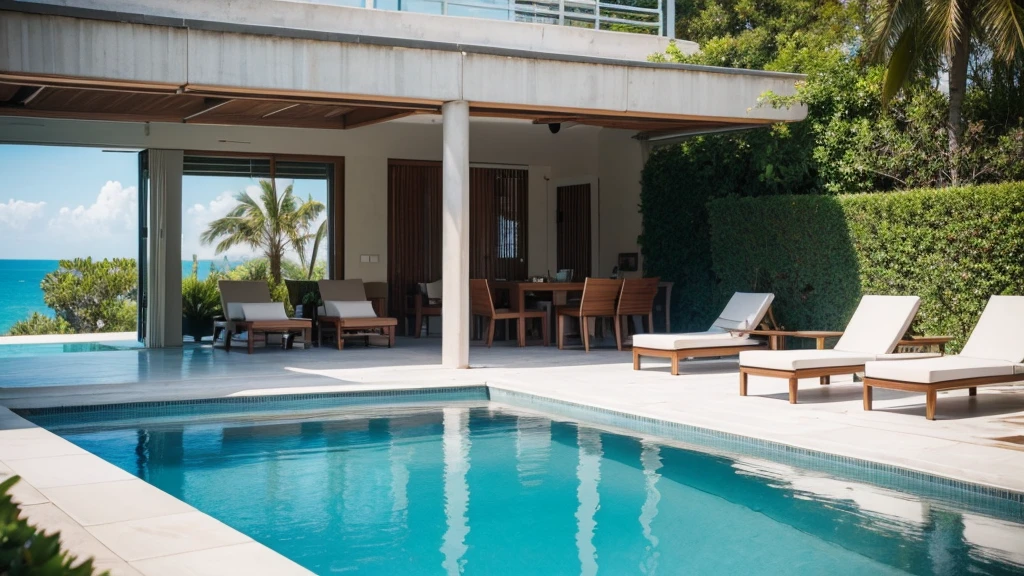 Outdoor seating area with pool and bookshelf, Ricardo Bofill (Ricardo Bofill) Digital rendering of inspiration, pexels contest winners, The art of math, Infinity pool, Beautiful landscape rendering, Luxury Building, Architectural renderings stone exterior wall, Luxurious HD rendering, Next to the pool, Peaceful style, Luxury Lifestyle, relaxing environment,Resort style lounge chairs by the pool with the reflected ocean next to it