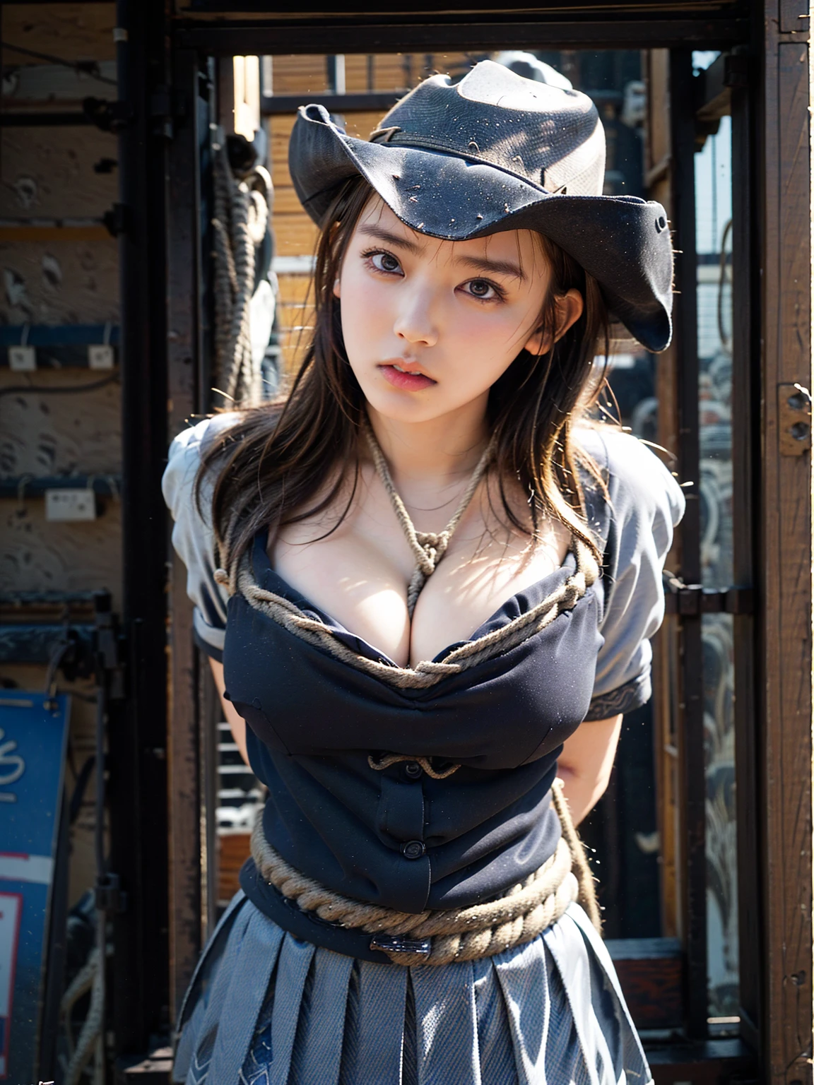 (41k4:0.6), (aika-sawaguchi:0.6), masterpiece, (cowboy shot:2), Best Quality, 8K, Raw photo, (wearing sailor school uniform:1.3), top-notch quality, masterpiece, (exceptionally detailed RAW color photo, professional-grade photograph), (rope bondage:1.5), (tied up with rope:1.4), (facing viewer:1.5), (looking at viewer:1.4), (Realistic, Photorealistic:1.37), (highly detailed skin:1.2), Ultra-high resolution, (lens 50mm), (masterpiece, top-quality:1.3), (hyper realistic:1.35), (Photorealistic:1.45), (Realistic:1.4), solo, (1 pretty Japanese girl), 21 years old, Japanese idol, supermodel, pale skin, (slim:1.3), (slim body:1.25), (slender body:1.25), (narrow waist:1.35), pretty face, (large breasts:1.15), (deep cleavage:1.4)