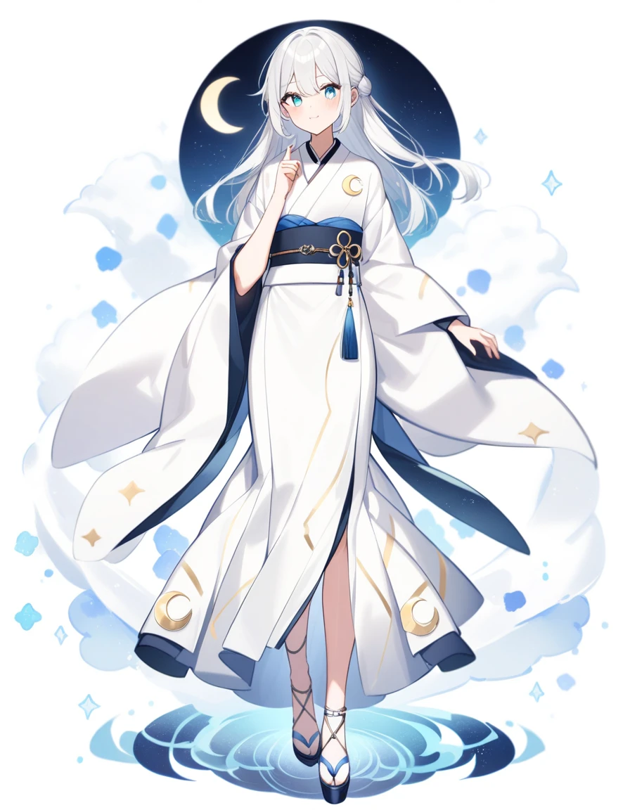 22 years old, beautiful, White Hair, Crescent moon motif, whole body, Simple white kimono