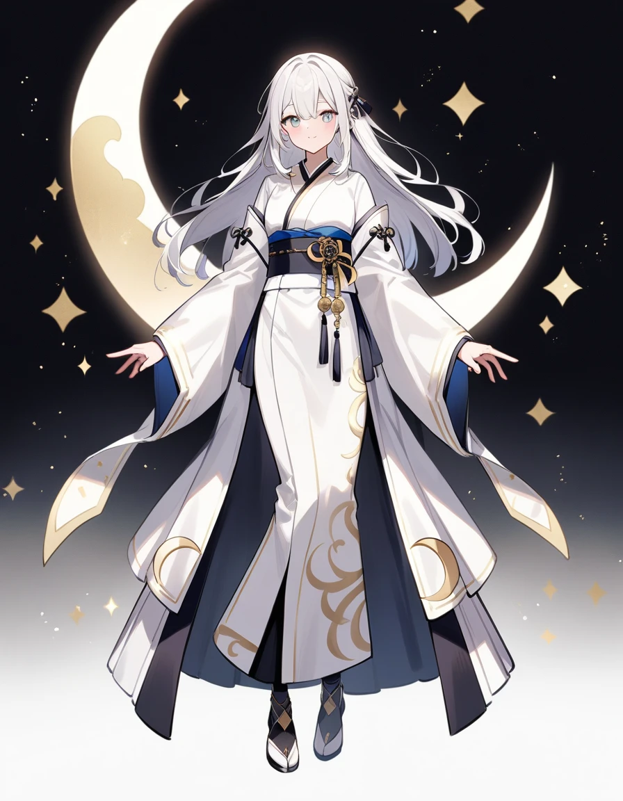 22 years old, beautiful, White Hair, Crescent moon motif, whole body, Simple white kimono