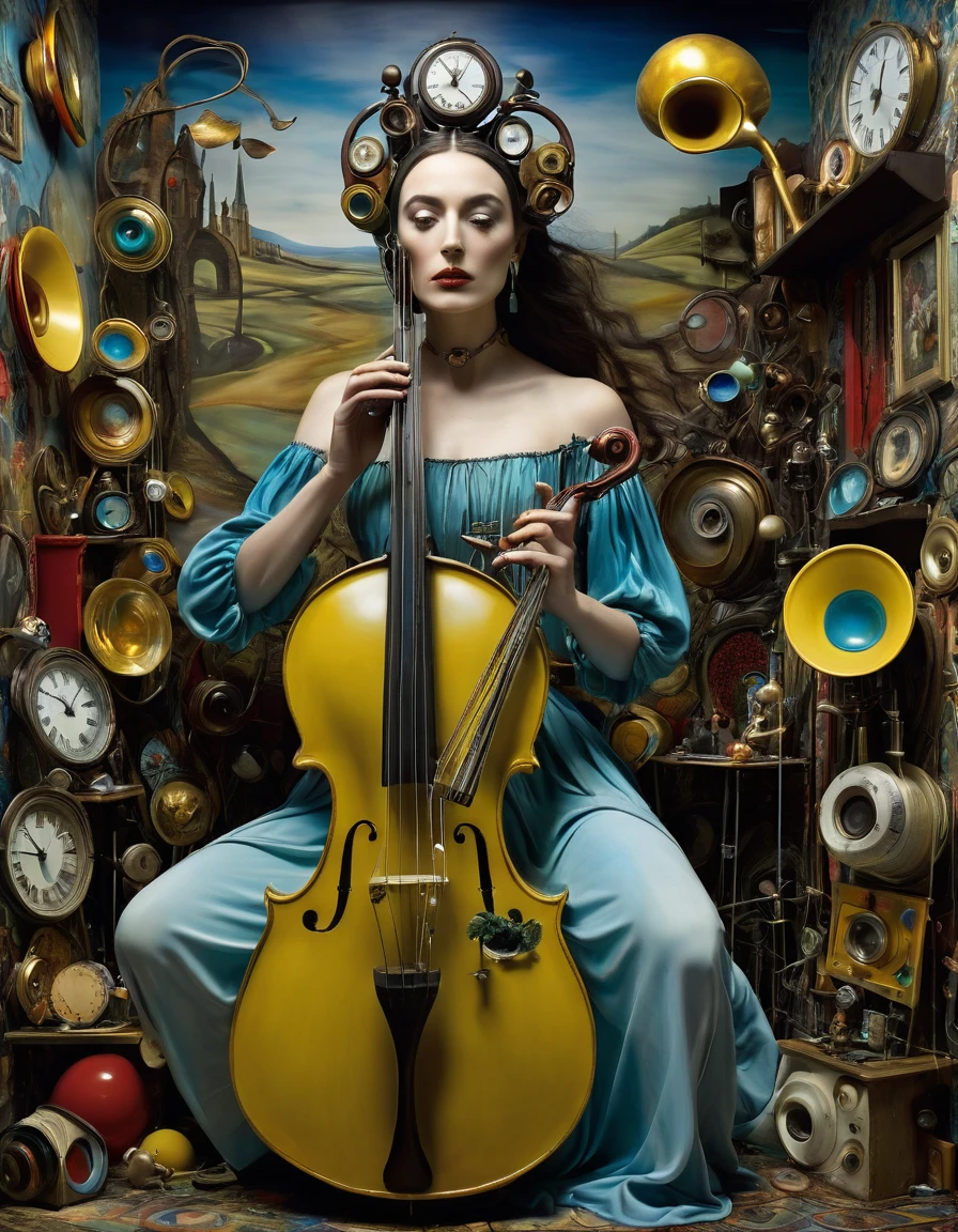 full body,a sculpture of a woman surrounded by assorted objects, inspired by Salvador Dali, the album is called Tripmachine, music, memory trapped in Eternal Time, Annie Liebowitz, face of mad Pulcinella, [[fantasy]], Sandra Chevrier and John Hoyland, album, father time, ( ( ( surrealism ) ) ), profile pic, instrument. epic realism, atmospheric impressionism, film dramatic realism, pre-raphaelite realism, low tone photography, hard focus realism 