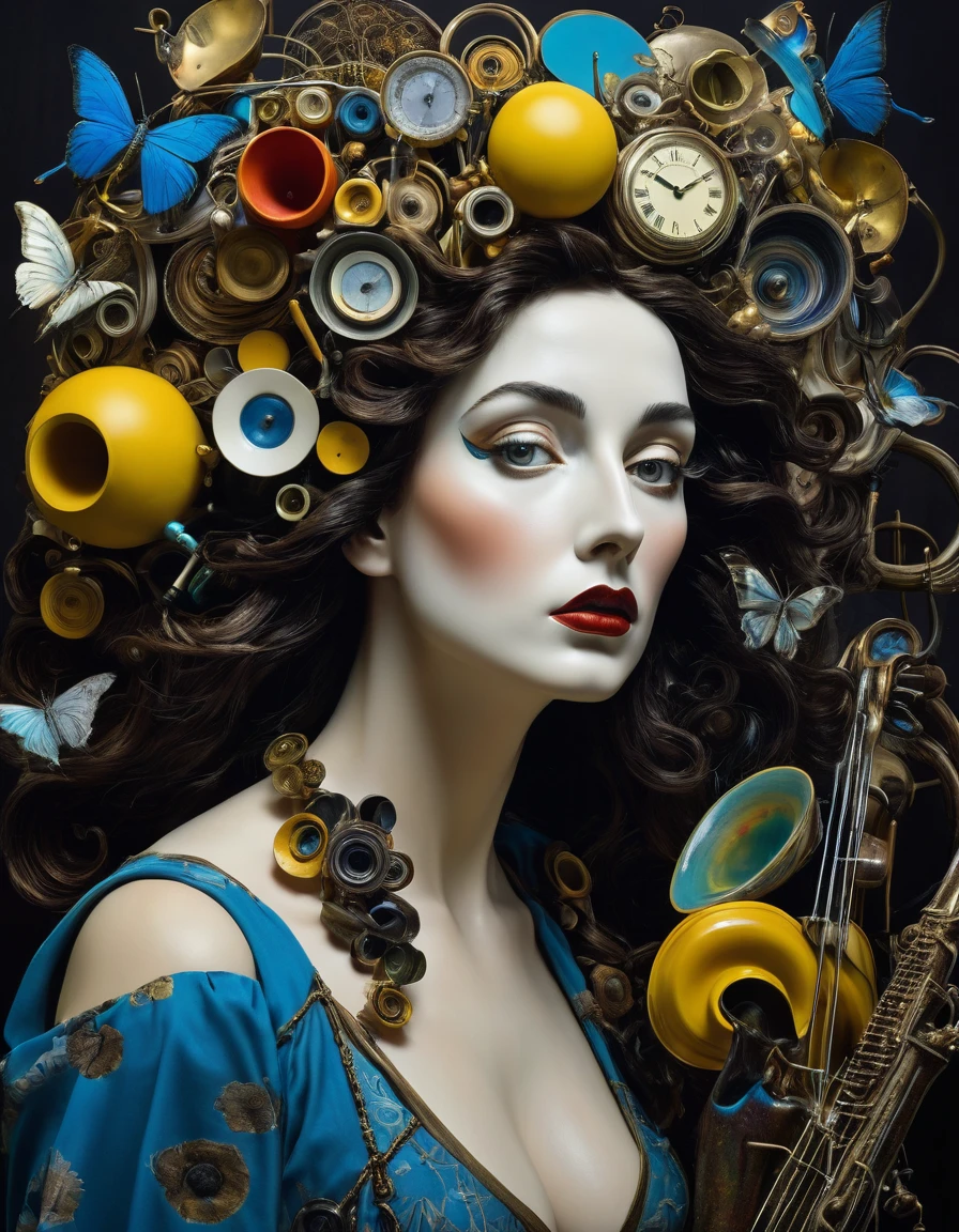 full body,a sculpture of a woman surrounded by assorted objects, inspired by Salvador Dali, the album is called Tripmachine, music, memory trapped in Eternal Time, Annie Liebowitz, face of mad Pulcinella, [[fantasy]], Sandra Chevrier and John Hoyland, album, father time, ( ( ( surrealism ) ) ), profile pic, instrument. epic realism, atmospheric impressionism, film dramatic realism, pre-raphaelite realism, low tone photography, hard focus realism 