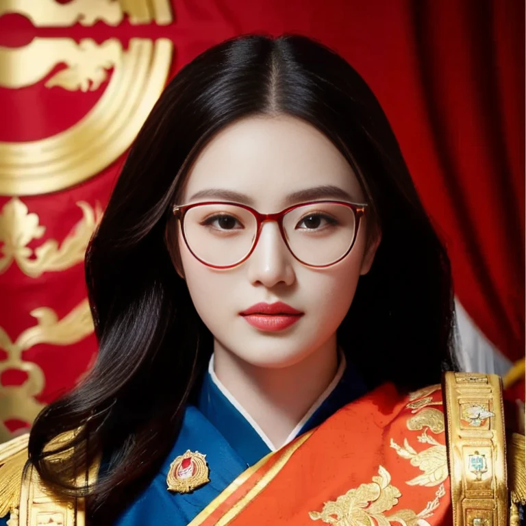 Arafed portrait of a woman in a red uniform and glasses, queen of the sea Mu Yanling, Empress of China, Order of Akira, Chinese princess, portrait of the empire, Empress Kazakh, traditional chinese, The girl who played the role of Genghis Khan, royal portrait, palace ， girl in hanfu, Inspiration from Min Zhen, emperor, in military uniform