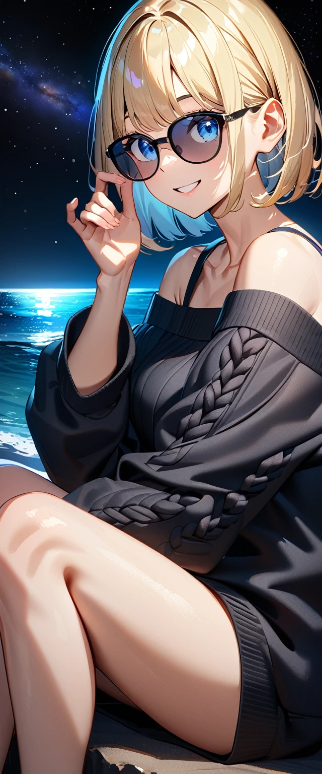 (((a starry sky, the Milky Way shining beautifully in the night))), ((bare legs)), (((sunglasses, hand to sunglasses))), (Aran sweater), ((((from side)))), upper body, ((sitting on the very high cliff)), wavy hair, inward curled hair, sea, beach, ((blond hair, bob cut:1.3)), breasts, teenager, (looking at viewer), oversized clothes, puffy long sleeves, ((off-shoulder sweater:1.3, Quite thick shoulder straps)), ((black sweater)), collarbone, head tilt:1.3, (((blue eyes))), happy smile, (((anime style))), (best quality, 4K, 8K, highres, masterpiece:1.2, ultra-detailed, ultra-detailed eyes, HDR, uhd, studio lighting, ultra-fine painting, sharp focus, physically-based rendering, extreme detail description, professional, vivid colors, bokeh)