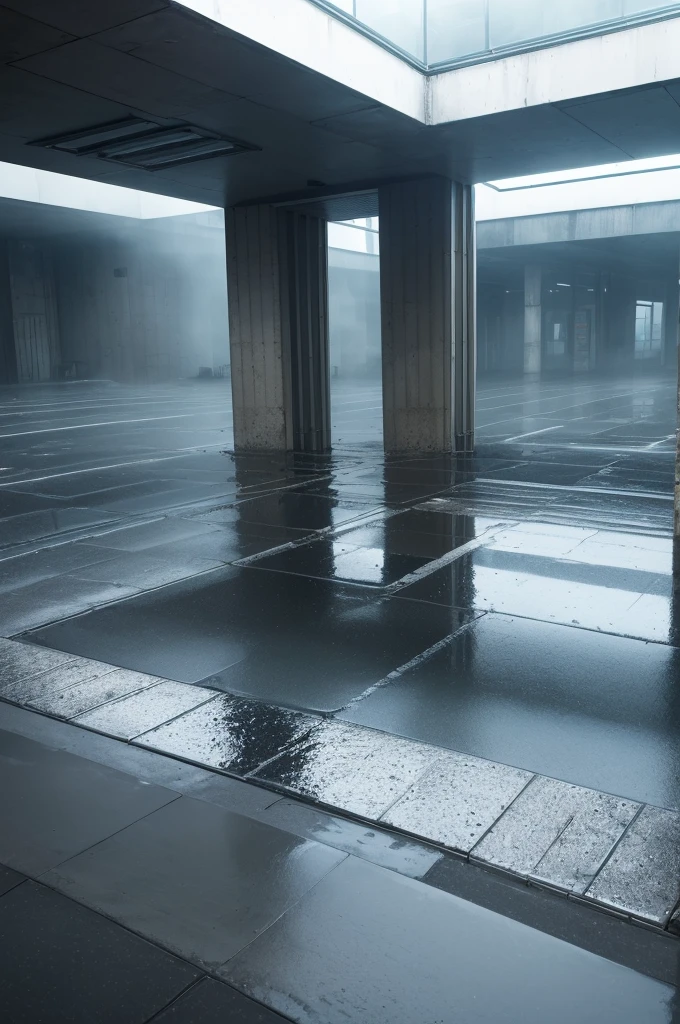 ((best quality)), ((wet asphalt)), (detailed), ((A brutalist construction)) ((with a fog)) ((low lighting with a bluish tone)) ((wet floor reflecting light )) ((wide and infinite)) ((Afternoon))
((ultra realisitic)) ((outside)) ((light posts))