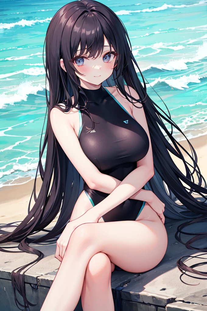 Beautiful girl,Wearing a black swimsuit,Black long hair,watcher,Upper Body,Sitting by the beach,Lovely,A slight smile on the face,Large bust(Slim legs:10.0),Peerless Beauty,Red leg