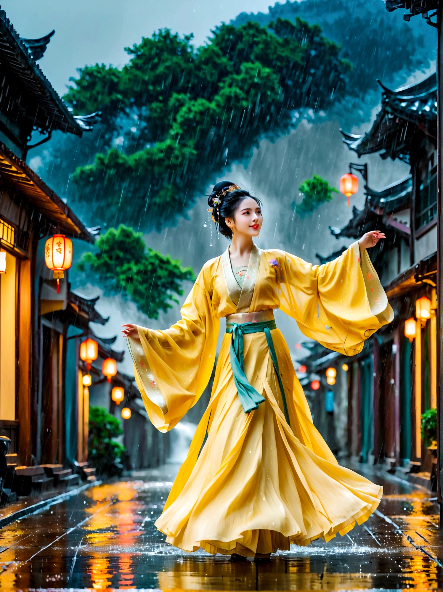 spring,1girl,((beautiful eyes)),((Perfect and refined limbs)),Dancing happily in the pouring rain,City,The streets are wet,闪闪发Light,reflection着City的灯Light,Raindrops poured down around her,Falling on the ground with splashes of water,Her clothes were soaked with rain,Dancing happily,She spins,Arms raised to the sky,Let the rain wash her skin,She has a joyful energy that is contagious,她的笑容比任何路灯都更能照亮灰色的City景观,(masterpiece,Best quality:1.2),lifelike,Reality,梦幻般的Light芒,错综复杂的detail,Ultra Detailed,detail,High contrast,美丽细致的Light芒,Bright,更多detail,精细发Light,very fine 8K CG wallpaper,Depth of Field,Abuse of color difference,Soft colors,非常精致的Light线,眩Light,Light,Light粒子,reflection,