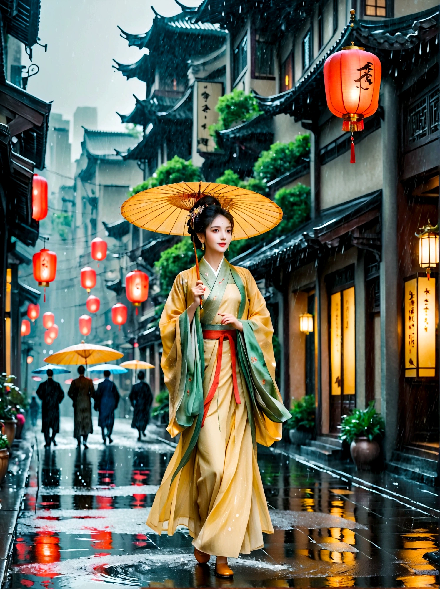spring,1girl,((beautiful eyes)),((Perfect and refined limbs)),Dancing happily in the pouring rain,City,The streets are wet,闪闪发Light,reflection着City的灯Light,Raindrops poured down around her,Falling on the ground with splashes of water,Her clothes were soaked with rain,Dancing happily,She spins,Arms raised to the sky,Let the rain wash her skin,She has a joyful energy that is contagious,她的笑容比任何路灯都更能照亮灰色的City景观,(masterpiece,Best quality:1.2),lifelike,Reality,梦幻般的Light芒,错综复杂的detail,Ultra Detailed,detail,High contrast,美丽细致的Light芒,Bright,更多detail,精细发Light,very fine 8K CG wallpaper,Depth of Field,Abuse of color difference,Soft colors,非常精致的Light线,眩Light,Light,Light粒子,reflection,