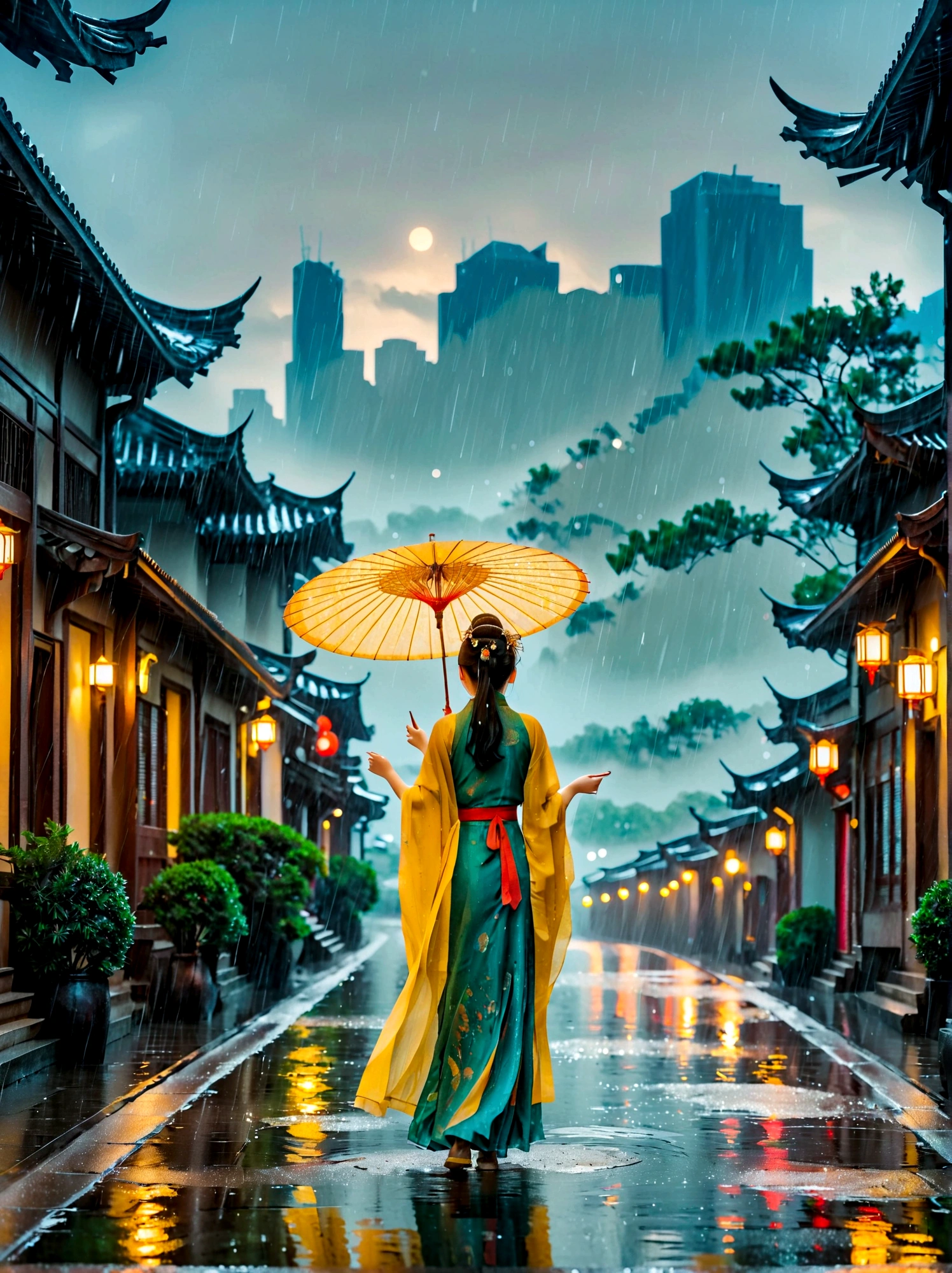 spring，1girl，((beautiful eyes))，((Perfect and refined limbs))，Dancing happily in the pouring rain，City，The streets are wet，闪闪发Light，reflection着City的灯Light，Raindrops poured down around her，Falling on the ground with splashes of water，Her clothes were soaked with rain，Dancing happily，She spins，Arms raised to the sky，Let the rain wash her skin，She has a joyful energy that is contagious，她的笑容比任何路灯都更能照亮灰色的City景观，(masterpiece，Best quality:1.2)，lifelike，Reality，梦幻般的Light芒，错综复杂的detail，Ultra Detailed，detail，High contrast，美丽细致的Light芒，Bright，更多detail，精细发Light，very fine 8K CG wallpaper，Depth of Field，Abuse of color difference，Soft colors，非常精致的Light线，眩Light，Light，Light粒子，reflection，
