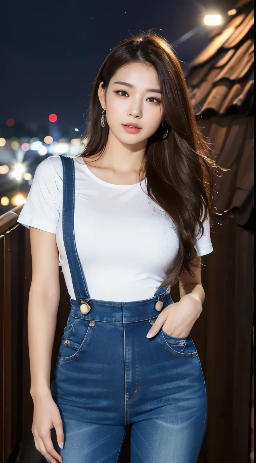 ((midnight, best quality, 8K, masterpiece :1.3)), whole body, Long legs, Clear focus :1.2, Beautiful woman with perfect body :1.4, Slim abdominal muscles :1.1, ((Dark brown hair, Large Breasts :1.2)), (White Tight Tee, Overalls Jeans, permanent:1.2), ((City night scene, roof:1.3)), Highly detailed face and skin textures, Delicate eyes, Double eyelids