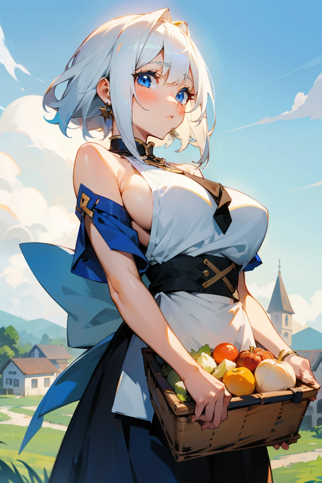 Cute girl, village girl, white hair, blue eyes, food basket in hand, skirt, big breasts, bare shoulders, bare chest