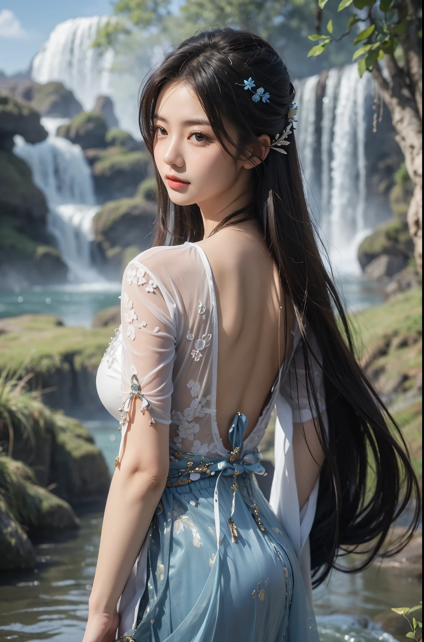 Beautiful Japanese Waifu, early 30s, brunette hair, fantasy wuxiao costume, in front of waterfalls