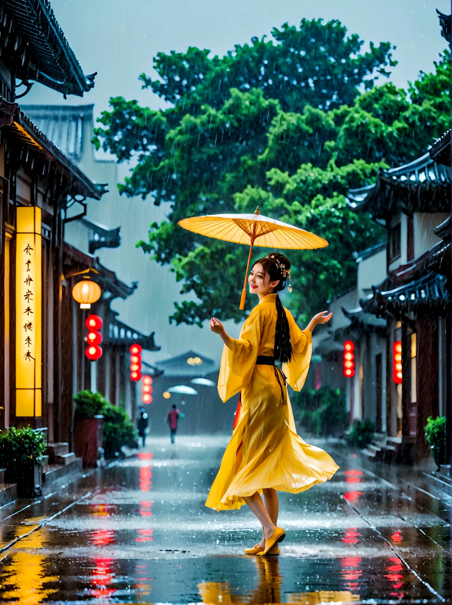 A girl dancing happily in the pouring rain,City,The streets are wet,sparkling,反射着City的灯光,Raindrops poured down around her,Falling on the ground with splashes of water,Her clothes were soaked with rain,Dancing happily,She spins,Arms raised to the sky,Let the rain wash her skin,She has a joyful energy that is contagious,她的笑容比任何路灯都更能照亮灰色的City景观