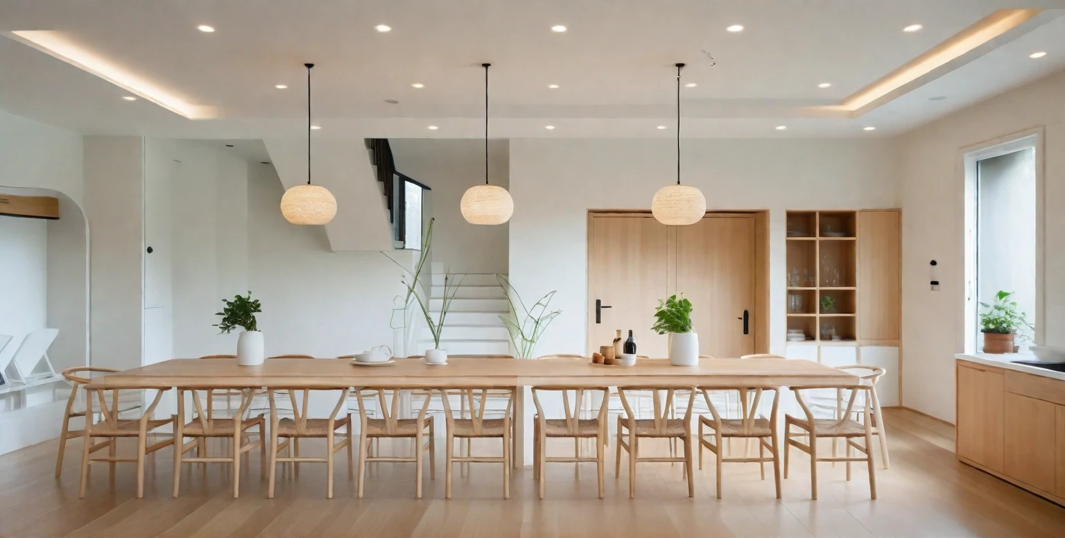 A high-resolution, horizontally framed shot of a minimalist Muji style kitchen combined with a dining area. The space features clean lines and a neutral color palette with whites, beiges, and natural wood tones. The kitchen area has sleek wooden cabinetry and open shelving, showcasing simple, functional kitchenware. The dining area is adjacent, featuring a wooden dining table and chairs. Potted plants and handmade decor pieces add a touch of nature and warmth, enhancing the serene and inviting ambiance. white flatten ceiling, 
