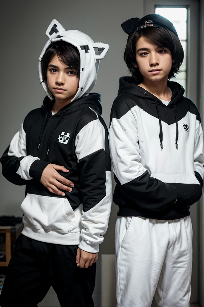 boys, wearing black and white Minecraft anime hoodies 